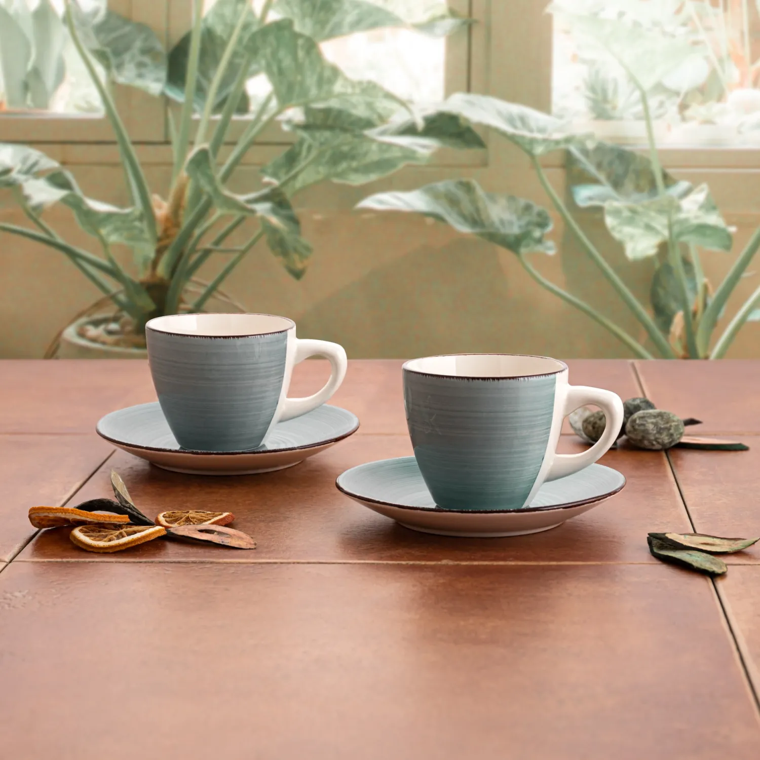 Casa Viva Conjunto de 2 tazas con plato azul de gres Vita 22cl