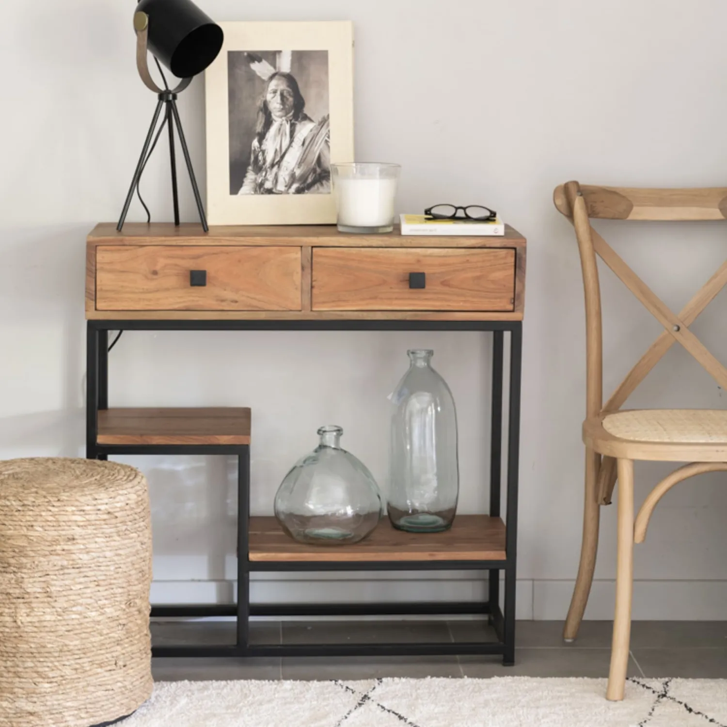 Casa Viva Consola de madera acacia con dos cajones y estantes Bremen 80x30x81cm Outlet