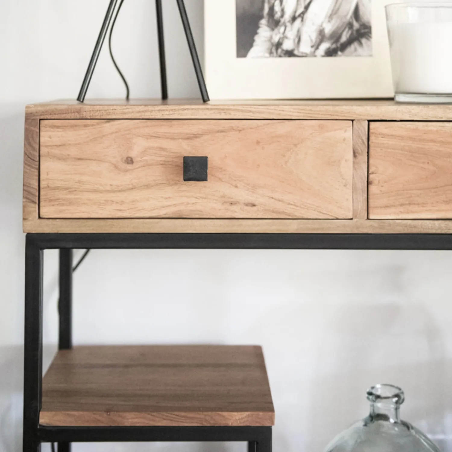 Casa Viva Consola de madera acacia con dos cajones y estantes Bremen 80x30x81cm Outlet