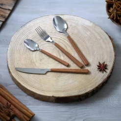 Casa Viva Cubertería de 24 piezas de acero inoxidable y madera Cali Hot