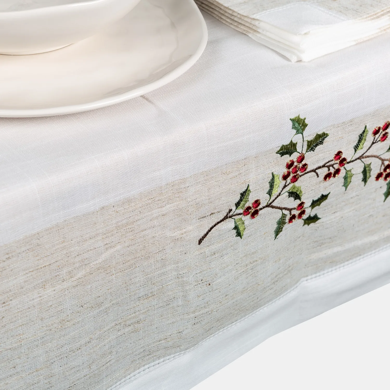 Casa Viva Mantel de Navidad blanco bordado Muérdago 150x250cm