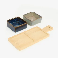 Casa Viva Set de 2 cuencos de cerámica de colores con bandeja de madera Discount