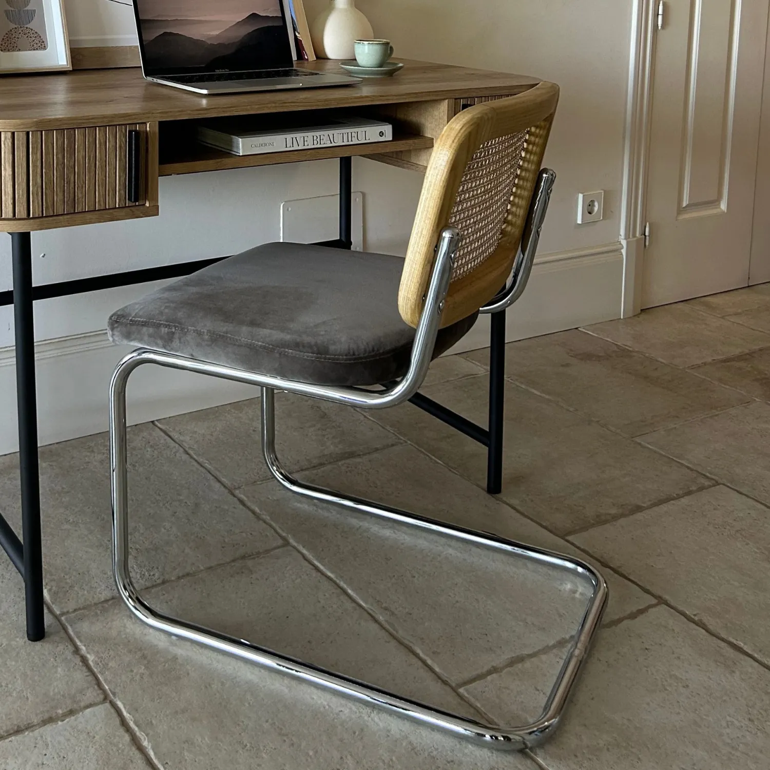 Casa Viva Silla de comedor de madera de olmo y ratán gris Leonor 47,5x63,5x82cm Clau&Chloe Outlet