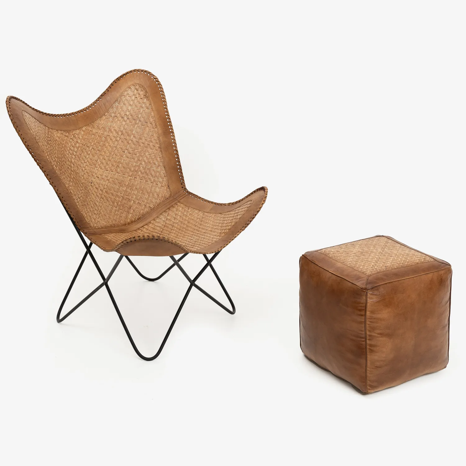 Casa Viva Silla mariposa de cuero y ratán marrón Katy 72x78x92cm Outlet