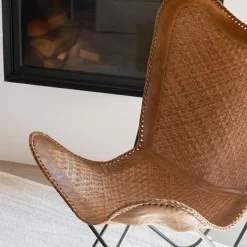 Casa Viva Silla mariposa de cuero y ratán marrón Katy 72x78x92cm Outlet