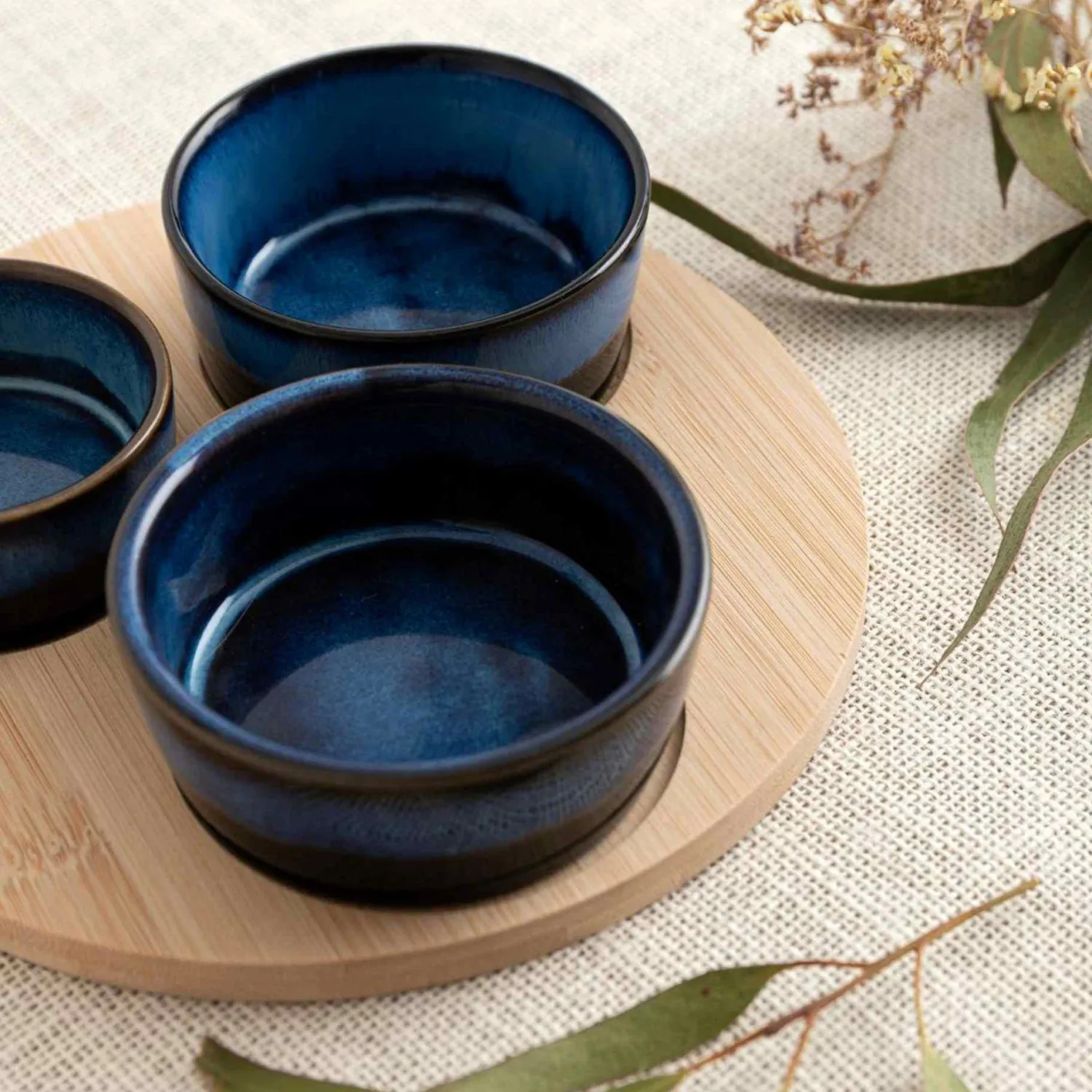 Casa Viva Tabla madera con 3 boles aperitivo azul Bari Online